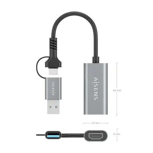 Conversor Aluminio USB-A+USB-C A HDMI 1080P@60Hz, USB-A/M+USB-C/M-HDMI/H, Gris, 15cm - Imagen 4