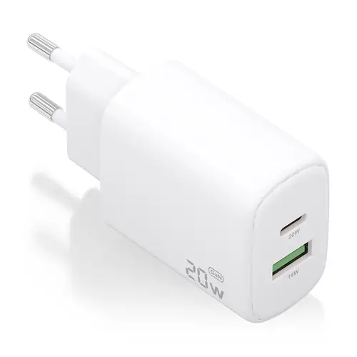Cargador GaN 20W, 1xUSB-C PD3.0, 1xUSB-A QC3.0, Blanco - Imagen 1