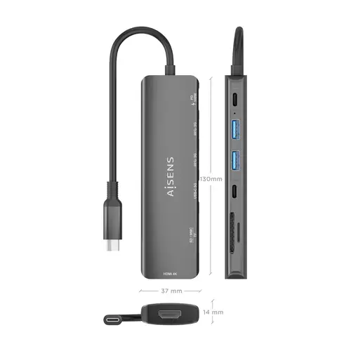 USB-C Dock 7 en 1, USB-C A, 1x HDMI, 2x USB-A, 1x USB-C, 1x USB-C PD 100W, 1x SD, 1x MicroSD, Gris, 15cm - Imagen 4