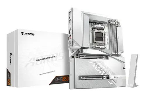 B850 AORUS STEALTH ICE Placa Base  Procesadores AMD Ryzen serie 9000, VRM digital de 14+2+2 fases, hasta 8200 MHz DDR5 (OC), 2 x M.2 PCIe 5.0 + 2 x PCIe 4.0, Wi-Fi 7, LAN 5 GbE, USB 3.2 Gen 2 - Imagen 1