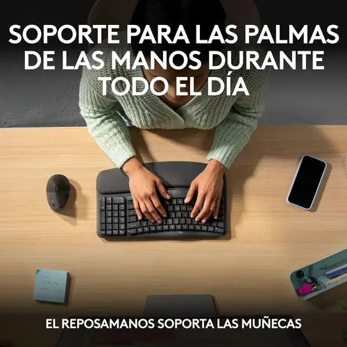 Wave Keys, teclado ergonómico inalámbrico con reposamanos acolchado, escritura cómoda y natural, Easy-Switch, Bluetooth, Logi Bolt, multisistema operativo, Windows/Mac,QWERTY Español, Grafito - Imagen 9
