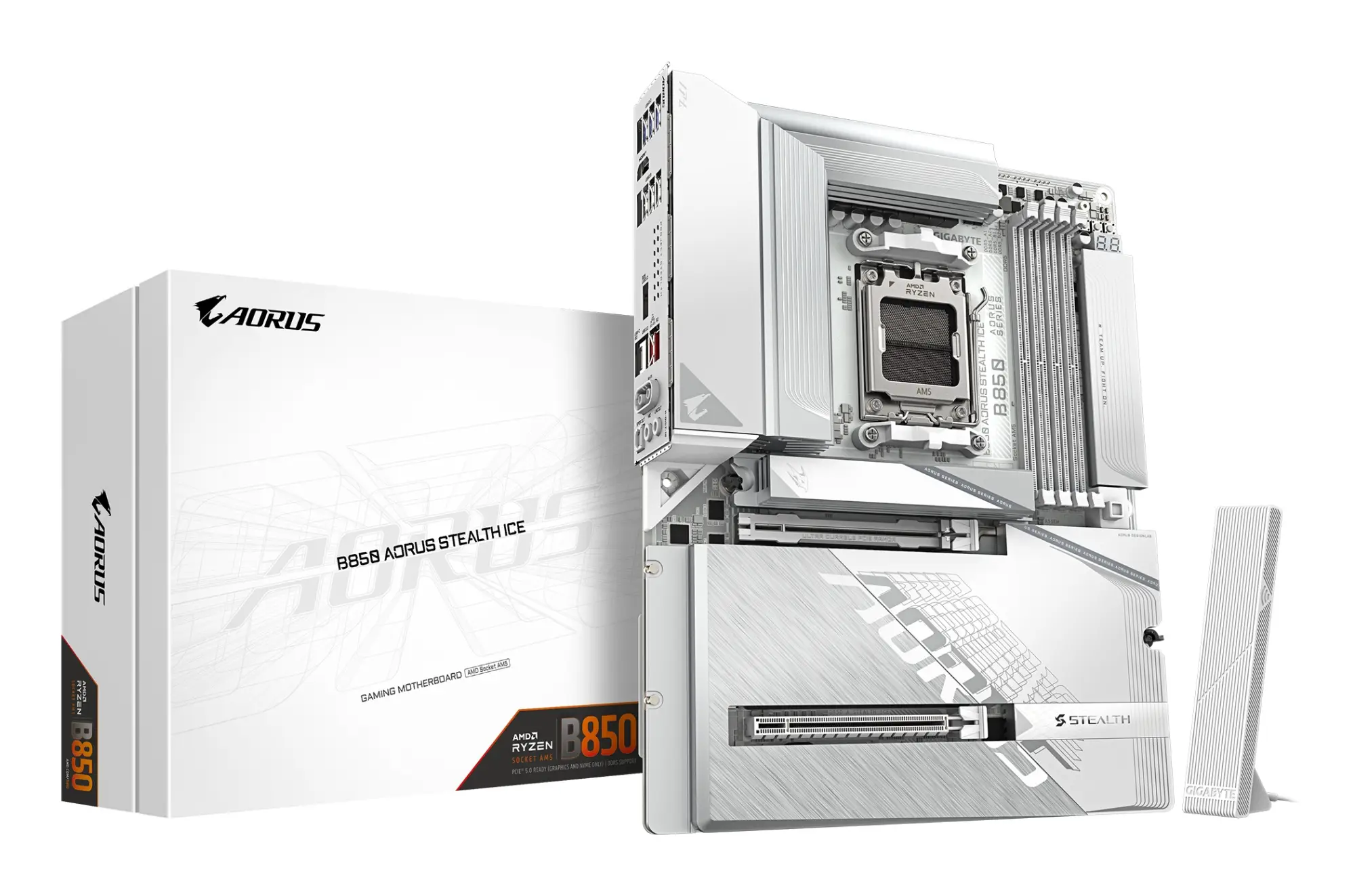 B850 AORUS STEALTH ICE Placa Base  Procesadores AMD Ryzen serie 9000, VRM digital de 14+2+2 fases, hasta 8200 MHz DDR5 (OC), 2 x M.2 PCIe 5.0 + 2 x PCIe 4.0, Wi-Fi 7, LAN 5 GbE, USB 3.2 Gen 2