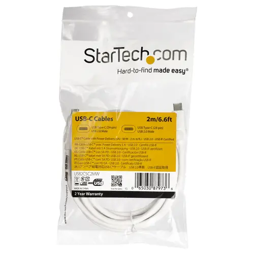 Cable de 2m USB-C a USB-C con capacidad para Entrega de Alimentación de 5A - USB TipoC - Cable de Carga USBC - Blanco - Imagen 5