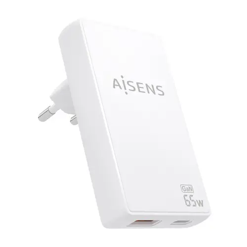 Cargador De Pared GaN Ultra Delgado 65W, 1xUSB-C PD3.0 QC4.0, 1xUSB-A QC3.0, Blanco - Imagen 1