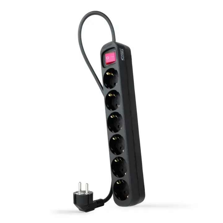 Regleta de enchufes de 6 tomas con interruptor, 1.4 metros Negra