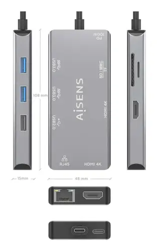 USB-C Dock 9 En 1, USB-C a 2xHDMI, 1xRJ45, 2xUSB-A USB3.0, 1xUSB-A USB2.0, 1xUSB-C PD, 1xSD, 1xMicro SD, Gris, 15cm - Imagen 4