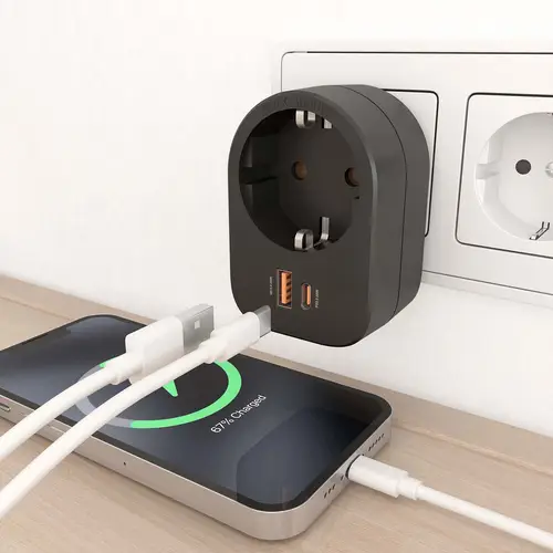 Regleta De Pared Multifuncion Con 1 Toma + 1xUSB-C 20W PD3.0, 1xUSB-A 20W QC3.0, Negro - Imagen 6