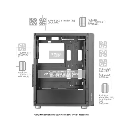 MC-F, Semitorre Gaming ATX, Ventana Completa Cristal Templado, Frontal Metal-Mesh, 4X Ventiladores ARGB 120mm, Negro - Imagen 5