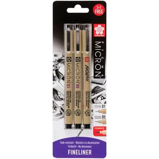 TALENS SAKURA ESTUCHE 3 ROTULADORES PIGMA MICRON 0,25MM/0,45MM/BRUSH NEGRO