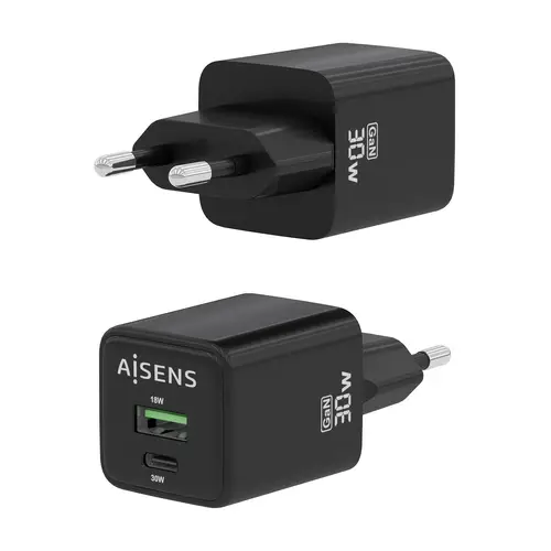 Cargador Gan 30W, 1xUSB-C PD3.0 QC4.0, 1xUSB-A QC3.0, Negro - Imagen 3