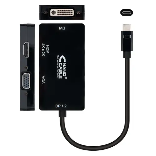Conversor USB-C a VGA / DVI / H???, 3 En 1. USB-C/M-VGA/H-DVI/H-HDMI/H 4K, Negro, 10 cm - Imagen 2