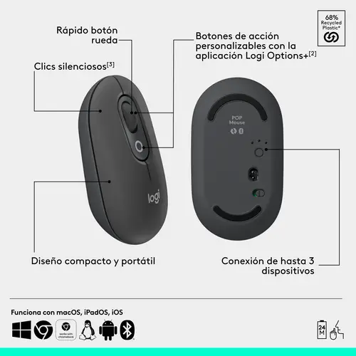 POP Mouse, ratón inalámbrico Bluetooth compacto y portátil con botones programables y clics discretos, tecnología Easy-Switch para alternar hasta 3 dispositivos, portátil, tablet, PC: grafito - Imagen 6