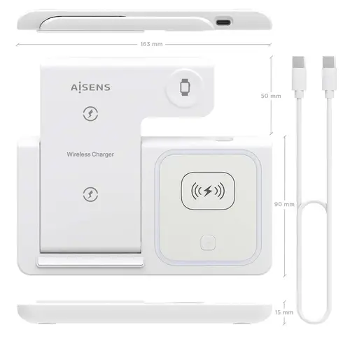 Cargador Inalambrico USB-C 3 En 1 De 15W Para Movil, Apple Watch, Ariculares Con Estuche De Carga, Blanco - Imagen 4