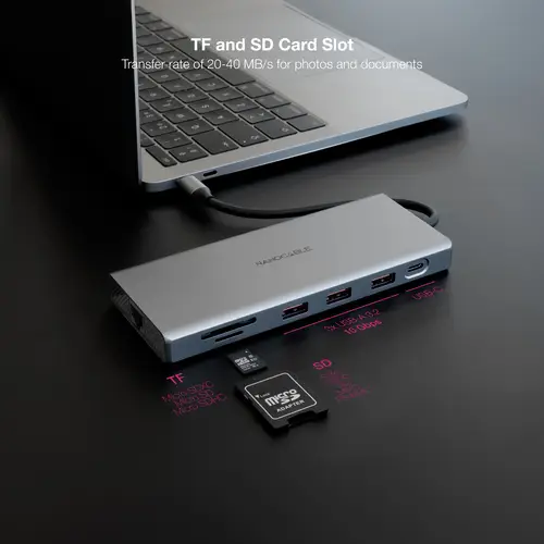 Hub USB-C 12 en 1, Conversor USB-C 3.1 a 3xUSB-A 3.2 + USB-C 3.2 + USB-C PD + 2xHDMI 4K@60Hz + DP 4K@60Hz + RJ45 1Gbps + TF + SD + Audio Jack 3.5, Aluminio, Gris, 18 cm - Imagen 4