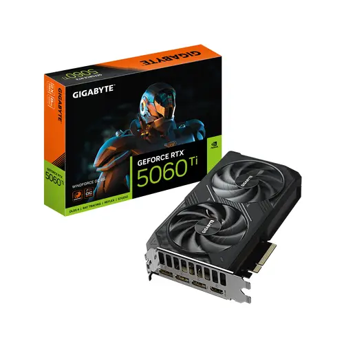 GeForce RTX 5060 Ti WINDFORCE OC 8G Tarjeta Gráfica  8 GB GDDR7, 128 bits, PCI-E 5.0, 2587 MHz Frecuencia del núcleo, 3 x DisplayPort, 1 x HDMI, GV-N506TWF2OC-8GD - Imagen 1