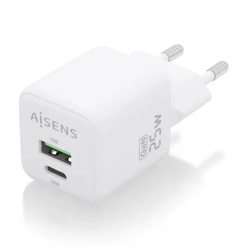 Cargador GaN 25W, 1xUSB-C PD3.0 QC4.0, 1xUSB-A QC3.0, Blanco - Imagen 2