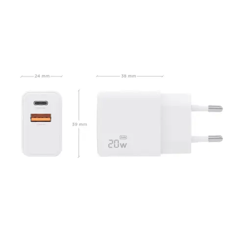 Cargador GaN 20W, 1xUSB-C PD3.0, 1xUSB-A QC3.0, Blanco - Imagen 4