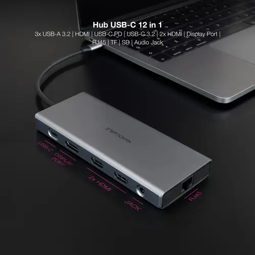 Hub USB-C 12 en 1, Conversor USB-C 3.1 a 3xUSB-A 3.2 + USB-C 3.2 + USB-C PD + 2xHDMI 4K@60Hz + DP 4K@60Hz + RJ45 1Gbps + TF + SD + Audio Jack 3.5, Aluminio, Gris, 18 cm - Imagen 3