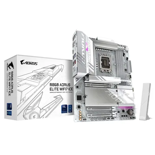 B860 AORUS ELITE WIFI7 ICE Placa base - CPUs Intel Core Ultra, VRM de 14+1+2+1 fases, hasta 9200MHz DDR5, 1xPCIe 5.0 + 2xPCIe 4.0 M.2, LAN 2,5 GbE, WIFI 7, USB 4 - Imagen 1