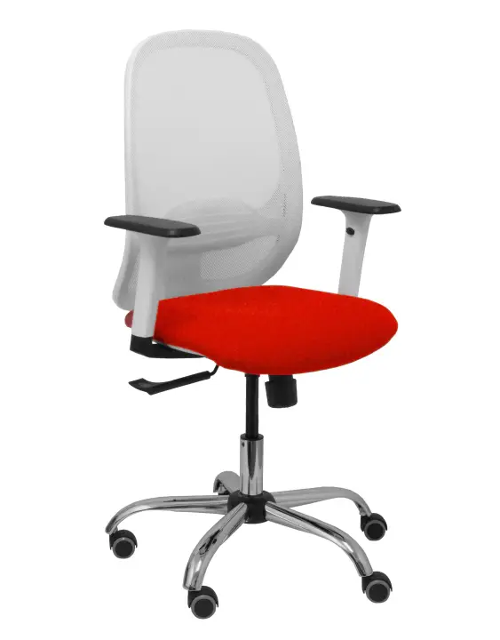 Silla Cilanco blanca malla blanca asiento bali rojo brazo regulable base cromada ruedas de parqué