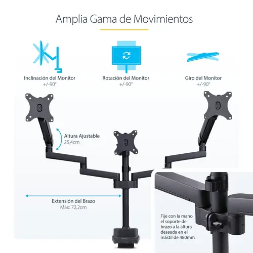 Soporte de Escritorio para 3 Monitores VESA 75x75/100x100 de 27 Pulgadas - Grommet o Abrazadera en C - Ajuste sin Herramientas - Brazo Asistido por Resorte - Imagen 17