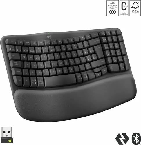 Wave Keys, teclado ergonómico inalámbrico con reposamanos acolchado, escritura cómoda y natural, Easy-Switch, Bluetooth, Logi Bolt, multisistema operativo, Windows/Mac,QWERTY Español, Grafito - Imagen 6