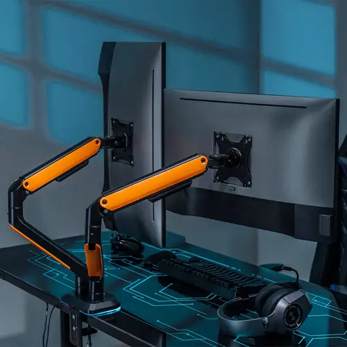 Soporte de Mesa RGB Gaming contrapeso giratorio e inclinable para Monitor/TV 9Kg (3 Pivotes, 2 Brazos) de 17-32, Negro-Naranja - Imagen 4