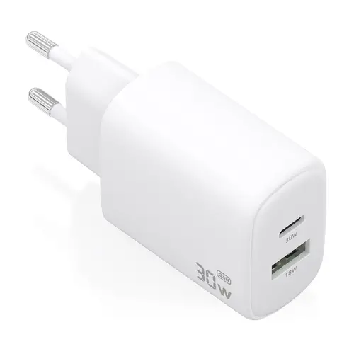 Cargador GaN 30W, 1xUSB-C PD3.0 QC4.0, 1xUSB-A QC3.0, Blanco - Imagen 1