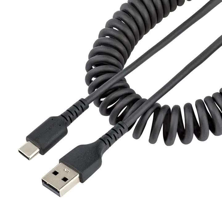 Cable de 50cm de Carga USB A a USB C, Cable USB Tipo C Rizado de Carga Rápida y Servicio Pesado, Cable USB 2.0 A a USBC, de Fibra de Aramida Resistente, Negro