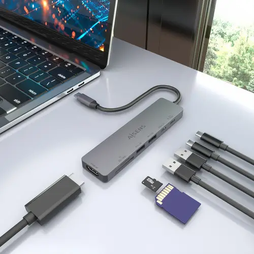 USB-C Dock 7 en 1, USB-C a 1xHDMI, 2xUSB-A, 1xUSB-C, 1xUSB-C PD 100W, 1xSD, 1xMicroSD, Gris, 15cm - Imagen 6