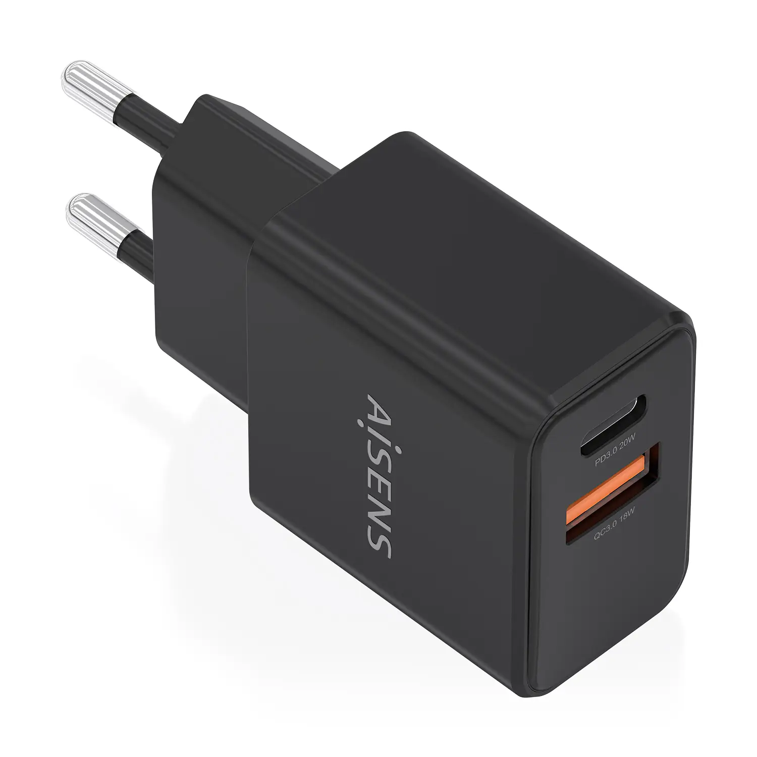 Cargador GaN 20W, 1xUSB-C PD3.0, 1xUSB-A QC3.0, Negro