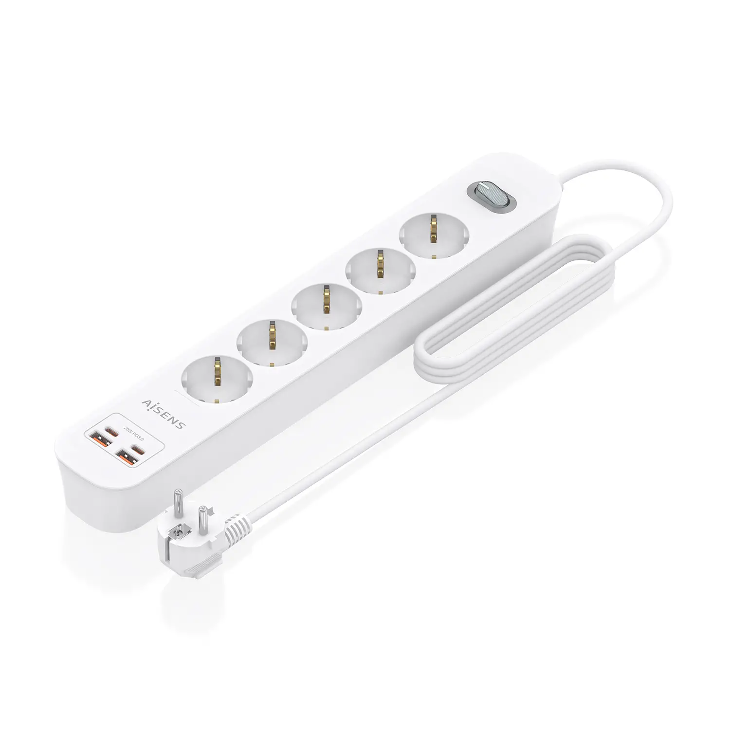 Regleta de Enchufes Multifuncion con 5 Tomas + Cargador PD3.0 20W 2xUSB-C, 2xUSB-A, 1.4m, Blanco