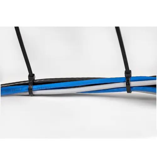 Bridas de 25cm para cables - 4 mm de ancho, 68 mm de diámetro, soportan 22 kg de tensión, de nylon, cierre automático y punta curva, 94V-2/UL, paquete de 100 - negras - Imagen 4