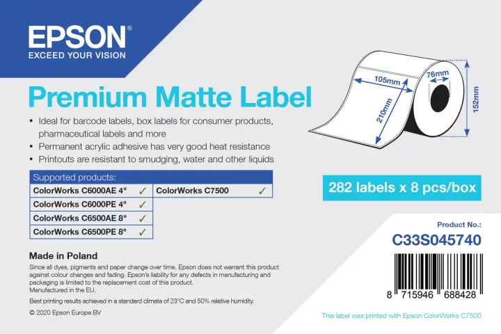 Premium Matte Label - Die-Cut Roll: 105mm x 210mm, 282 labels