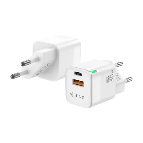 Cargador Gan 30W, 1xUSB-C PD3.0 QC4.0, 1xUSB-A QC3.0, Blanco - Imagen 1