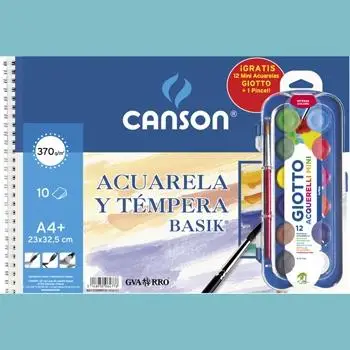 CANSON BLOC ACUARELA Y TÉMPERA BASIK ESPIRAL 10 HOJAS + 12 ACUER..