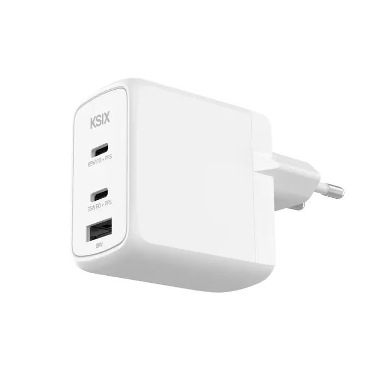 Cargador de red 65W, GaN, PPS, Power Delivery, Materiales sostenibles, 2 x USB-C + 1 x USB-A, Blanco