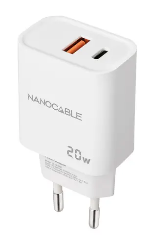 Cargador USB-C/PD + USB-A/QC 20W, Blanco - Imagen 1
