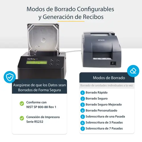 Borrador Autónomo USB 3.0 a SATA III de 1 Bahía para Disco Duro o SSD - Sanitizador - 4Kn - 9 Modos de Borrado - Pantalla LCD - Puerto DB-9 de Impresora - TAA - Imagen 11