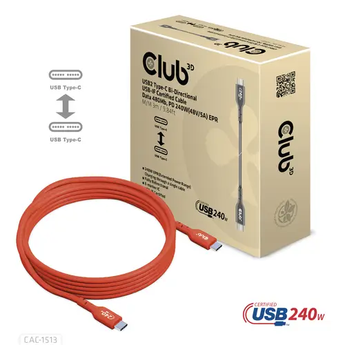Cable certificado USB2 tipo C bidireccional USB-IF Datos 480 Mb, PD 240 W (48 V/5 A) EPR M/M 3 m/9,84 pies - Imagen 6