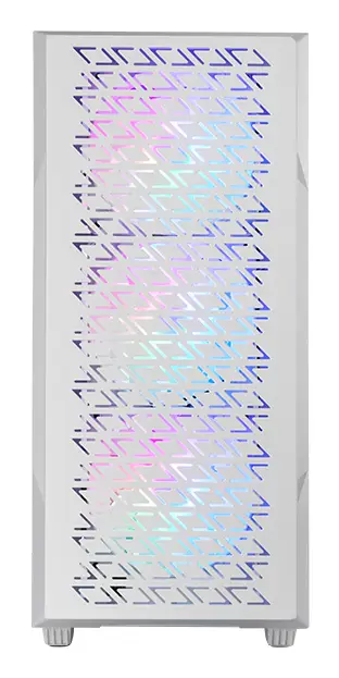 MC-GEO, Caja Gaming ATX, 4x Ventiladores FRGB Rainbow 12cm, Panel Frontal Mesh Geométrico, Ventana Lateral Cristal Templado, Semitorre PC Doble Cámara, Soporte Refrigeración Líquida, Blanco