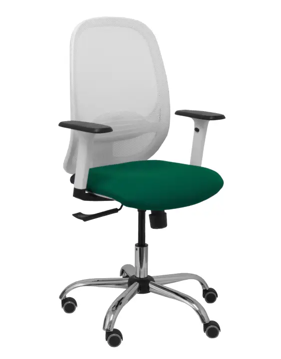 Silla Cilanco blanca malla blanca asiento bali verde botella brazo regulable base cromada ruedas de parqué
