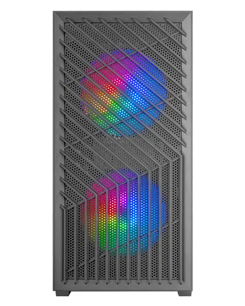 MC- VORTEX, Caja Gaming MicroATX, Frontal Mesh Geométrico, Ventana Lateral Cristal Templado, 3x Ventiladores FRGB Rainbow 120mm, Minitorre PC Compacta con Diseño Doble Cámara, Negro