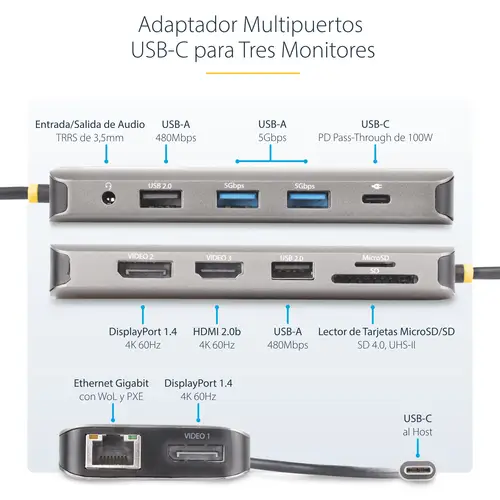 Adaptador Multipuerto USB-C de 3 Monitores HDMI/DP - 4K 60Hz Doble + 4K 30Hz HDMI y DP - Hub 4x USB-A - PD de 100W de Paso - Red Gigabit Ethernet - Lector de Tarjetas SD/MicroSD - Imagen 7