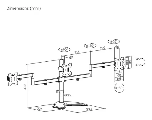 Soporte de mesa con peana eco giratorio e inclinable para 3 monitores 10kg (3 Pivotes, 2 Brazos) de 13-27, Negro - Imagen 7