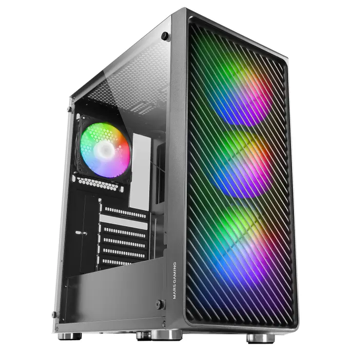 MC-F, Semitorre Gaming ATX, Ventana Completa Cristal Templado, Frontal Metal-Mesh, 4X Ventiladores ARGB 120mm, Negro