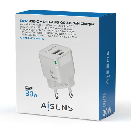 Cargador Gan 30W, 1xUSB-C PD3.0 QC4.0, 1xUSB-A QC3.0, Blanco - Imagen 4