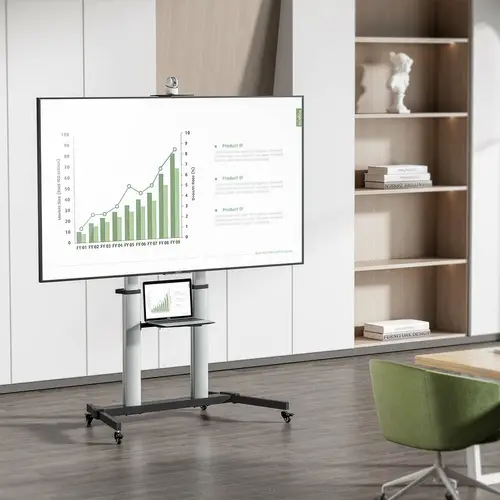 Soporte de suelo PRO con ruedas, bandeja para DVD y soporte de cámara para Monitor/TV 100Kg de 60-100, Negro-Plata - Imagen 4