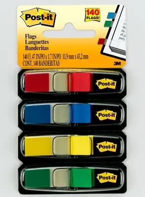 Flags, Primary Colors, 1/2 in Wide, 35/Dispenser, 4 Dispensers/Pa..