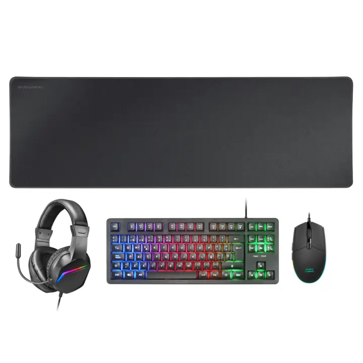 MCP-RGB3, Pack Gaming Teclado Fixed RGB + Ratón Gaming RGB Flow 3200 DPI + Auriculares Over-Ear RGB + Alfombrilla XXL, Negro, Idioma Español